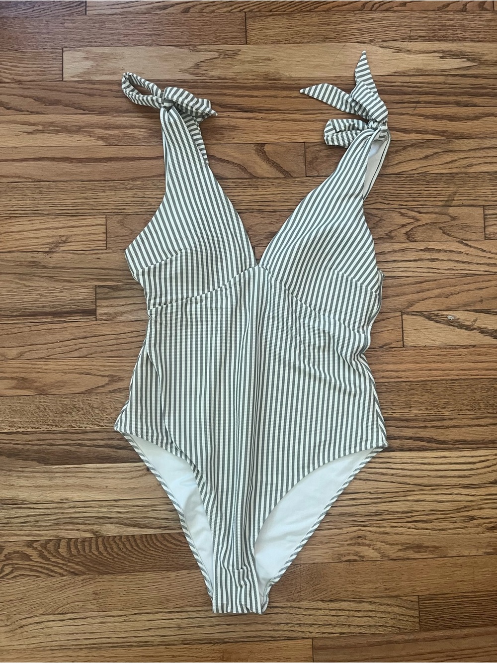 H&M Women’s Striped One-Piece Swimsuit with Tie Straps - Green/White Sz M